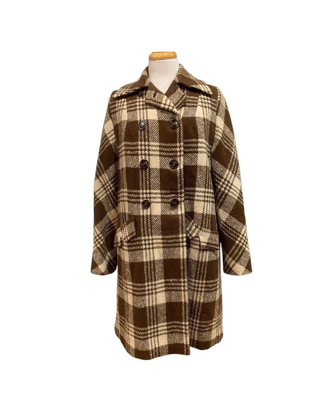 Vntg 50’s Gus Mayer Volup Brown Plaid Double-Breasted Pea Coat sz XL